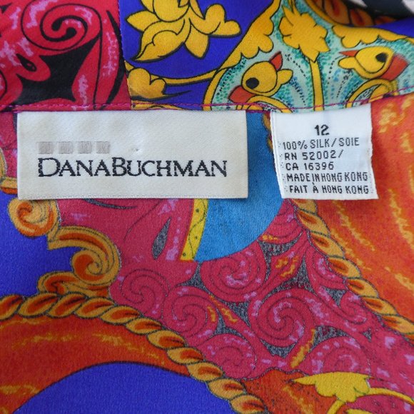 SiLK Satin Vintage 80s Vibrant Color Shawl Wrap Blouse Dana Buchman 12 Large - Picture 7 of 9